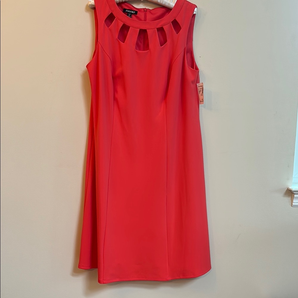 Roz & Ali Bright Coral Sheath Dress | Cutout Neckline | Midi Length | 10